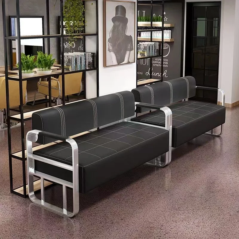 Beauty Salon Barbershop Waiting Area Furniture Gold Metal Frame Leather  Double Seats Room Chair