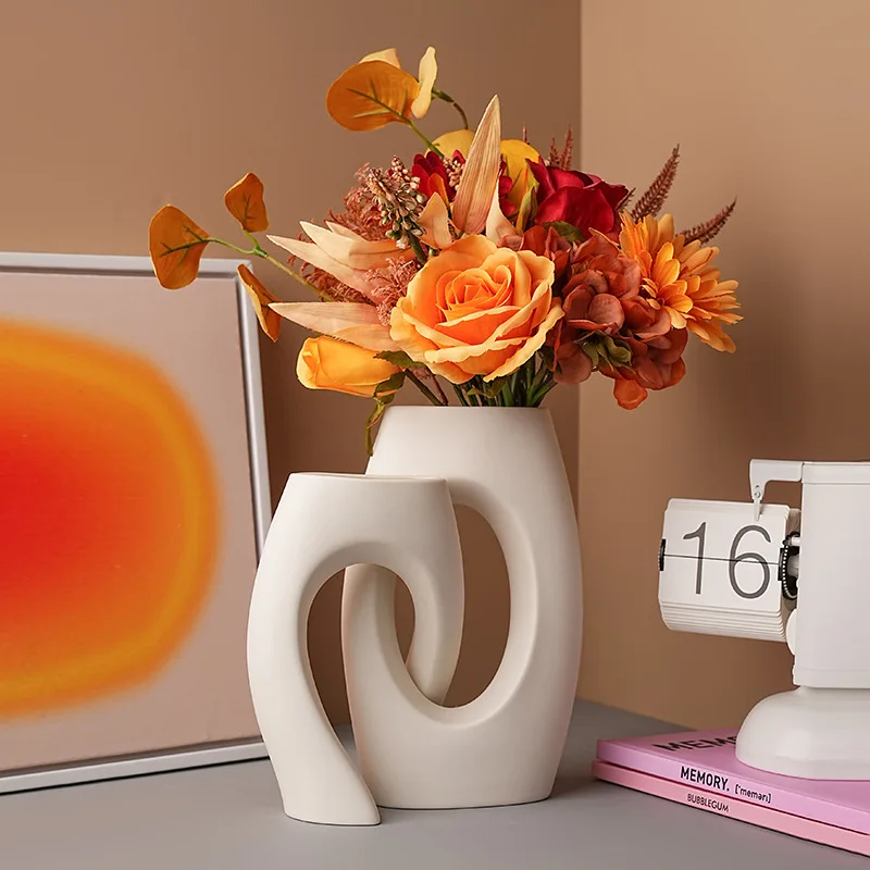 Two Abstract Ceramic Vases Cutout Design Matte White Finish Modern Minimalist Home Decor Living Room Flower Arrangement Set