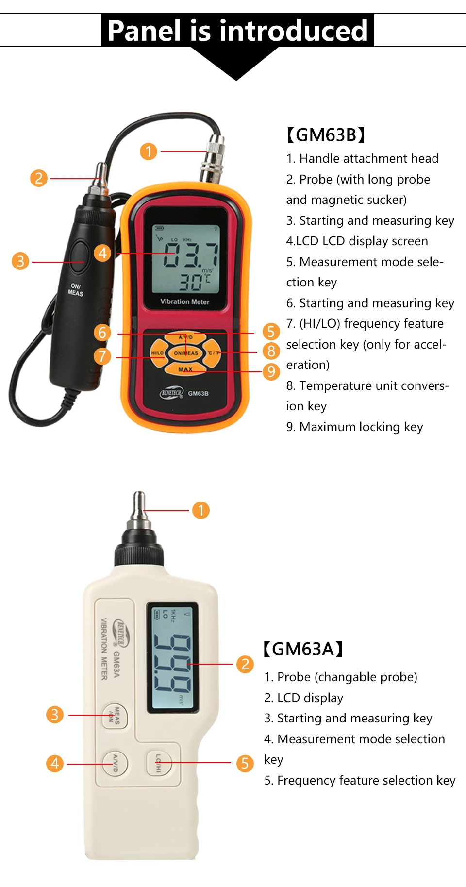 GM63B Portable LCD Digital Vibration Meter Probe Vibration Analyzer Industry