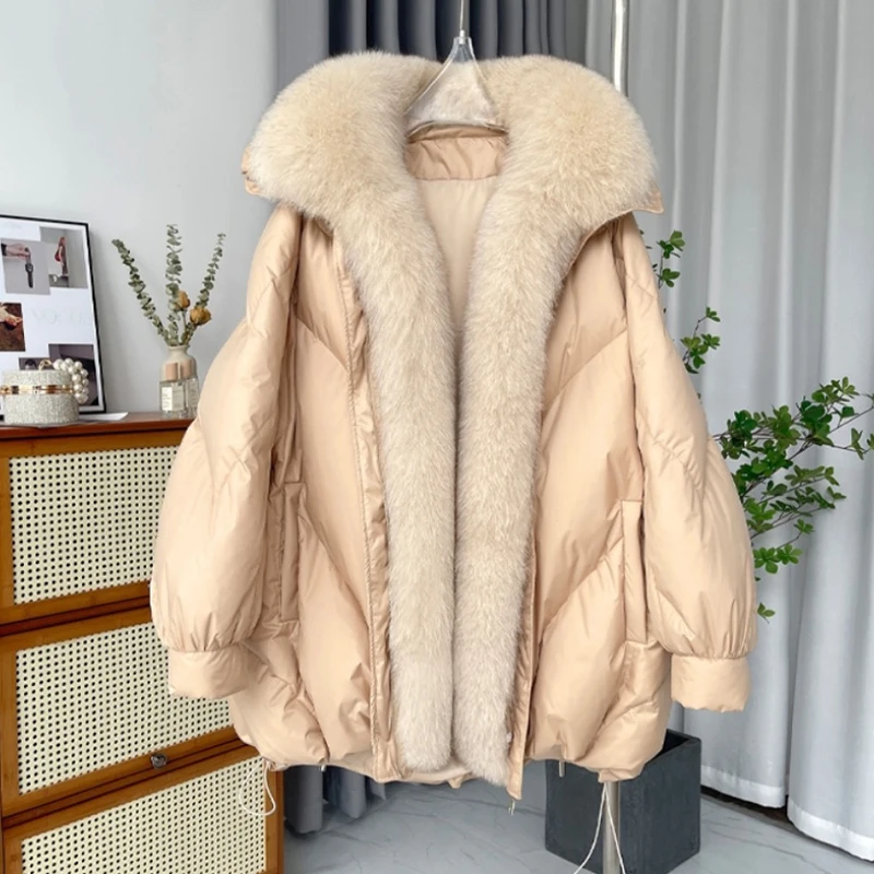 JANVENY 2025 New Winter Real Natural Fox Fur White Goose Down
