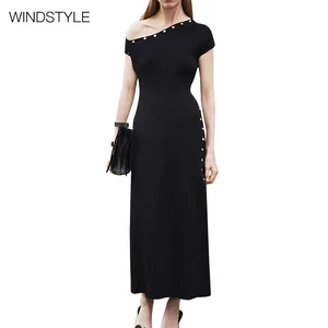 French Diagonal Shoulder Buckle Knitted Temperament Design Solid Irregular Short Sleeve Knee-Length Fashion Dress-Daily