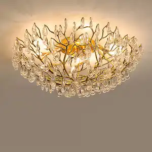 Vintage Hotel Luxurious Gold Brass Branches Crystal Raindrop Modern Ceiling Chandelier Lights