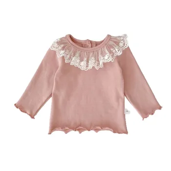 2025 New Style Girls' Base Shirt Stylish Mesh Lace Collar Long-sleeved Top for Girls T-shirts
