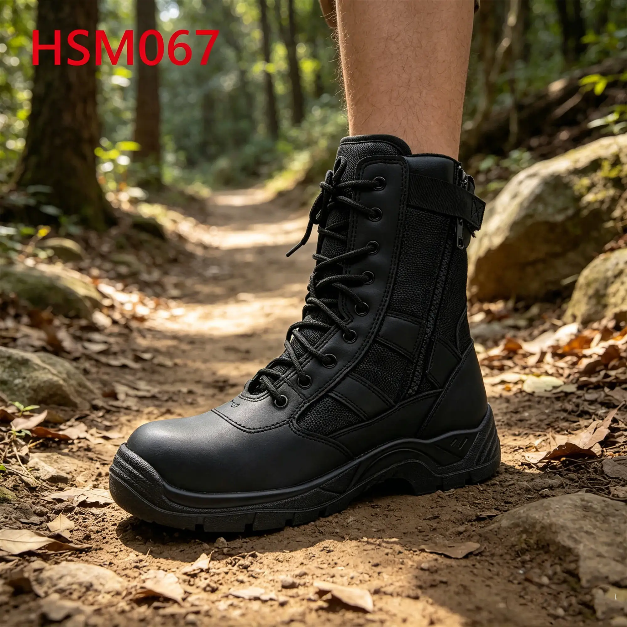 ZYF,Forest Hiking Steel Toe Insert Combat Boots with Side Zipper Durable PU/PU Injection Sole Black/tan Marching Boots HSM067