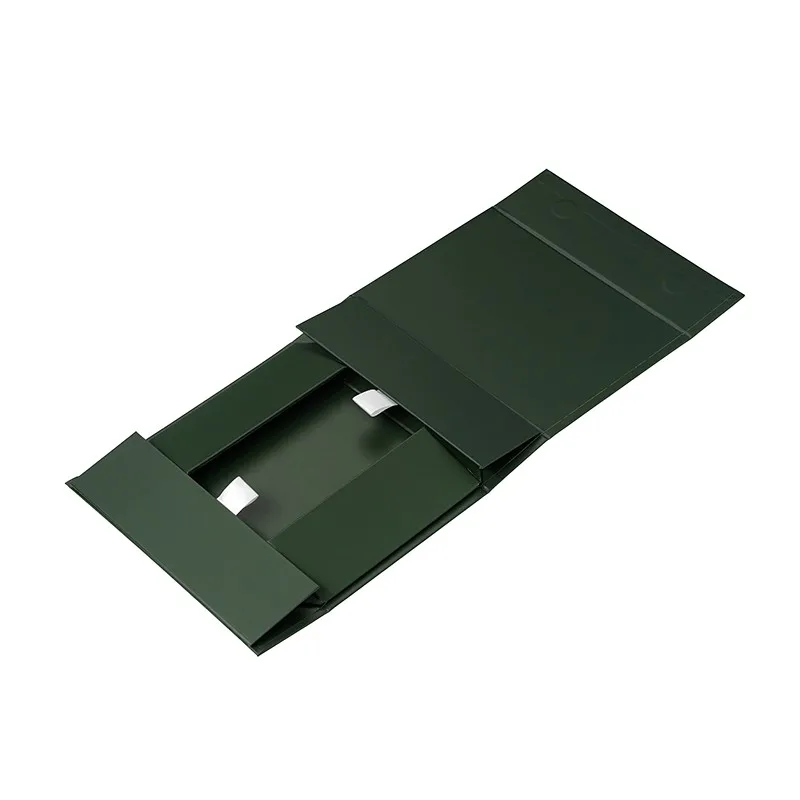 Custom Magnetic Folding Box Forest Green Matte Fabric Pull Tab Flat Pack Design for Fashion Apparel Packaging Wholesale Supplier