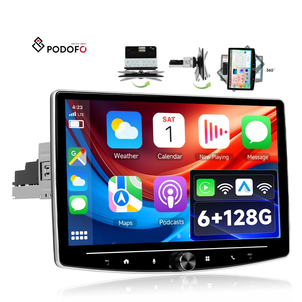 Podofo 10.1'' 1DIN Rotatable Car Radio 6+128G Wireless Carplay/Android Auto Android Car Stereo for Universal Cars A4541