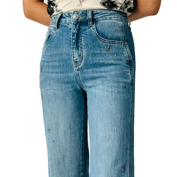 Custom OEM/ODM Blue Women's Mid-Rise Straight-Leg Jeans - Rhinestone, Graphic Heat Transfers, Stretch Denim, Enzyme Stone Washed