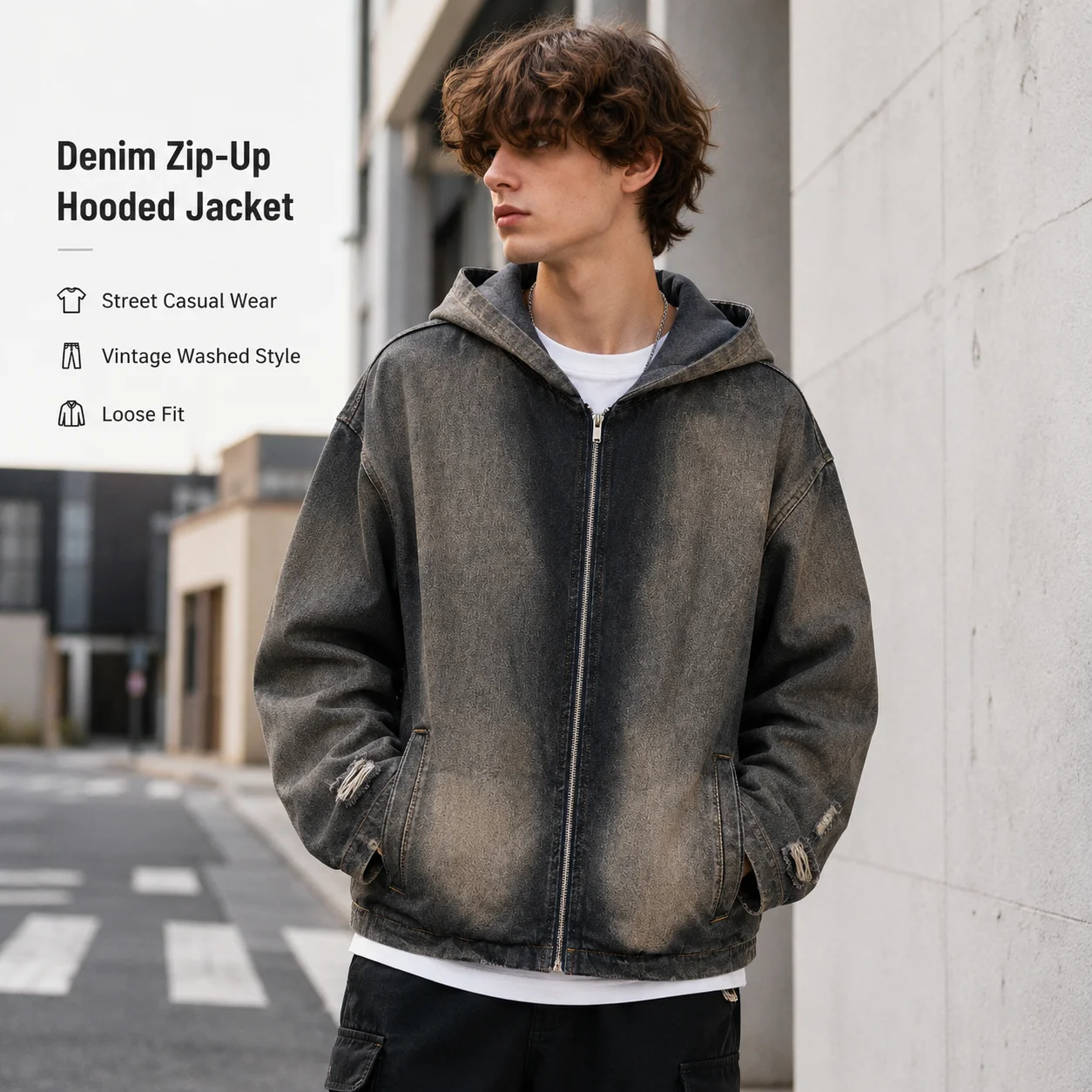 Distressed Hooded Denim Sweatshirt Destroyed Design Sense Men's Niche National Trend High Street Cross-Border