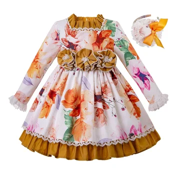 OEM Pettigirl Girls Clothes Kids New 2021 Yellow Print Flower Dress with Headbands Fancy Wholesale Easter Dress for Girl