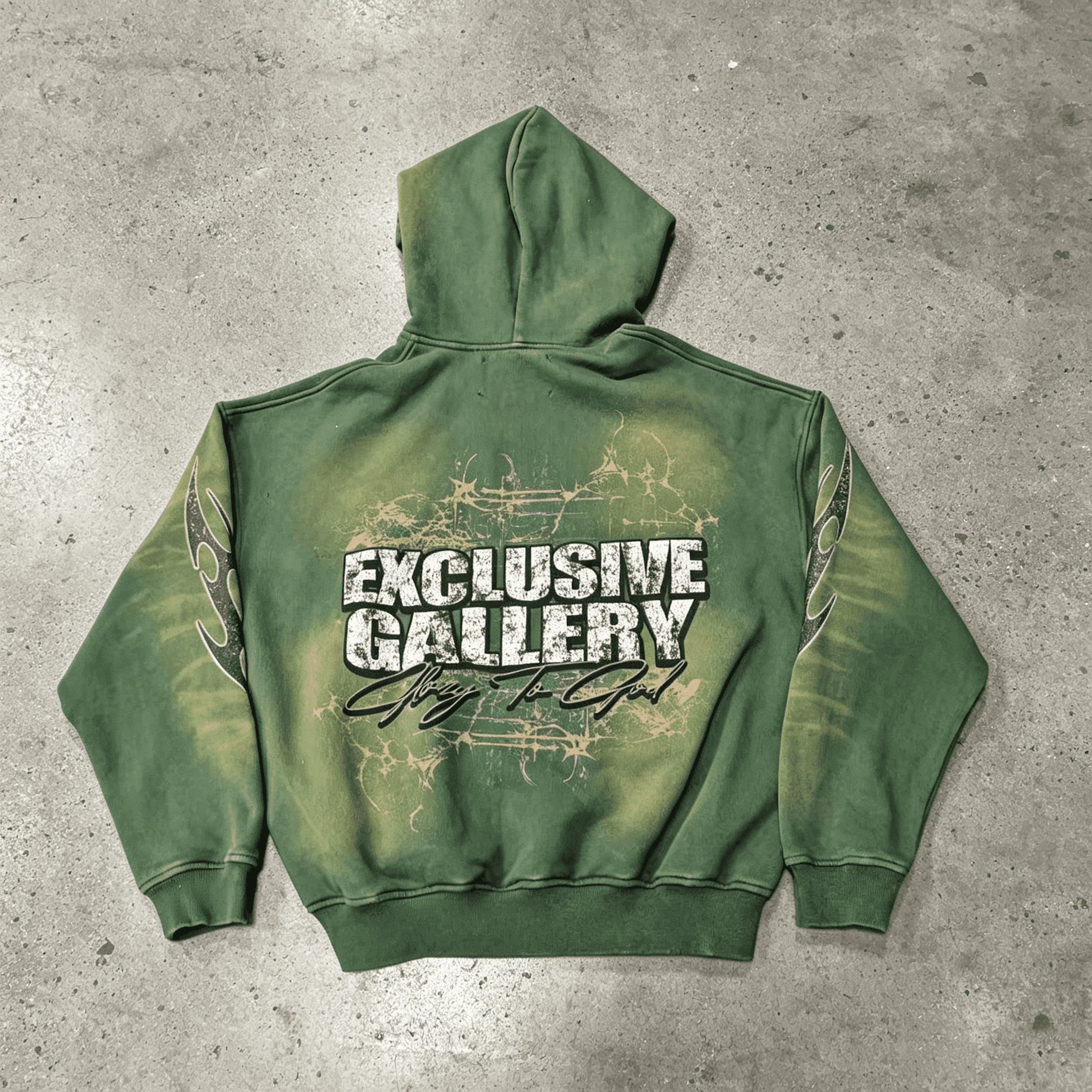 Custom Faded Green Archive Print Men Loose Fit Sweat Co Ord Heavyweight Fleece Drawstring Wide Leg Street Workwear Set gallery 3