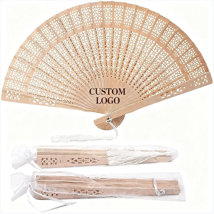 8-Inch Carved Natural Wood Love Theme Folding Hand Fan Eco-Friendly DIY Wedding Decoration & Gift