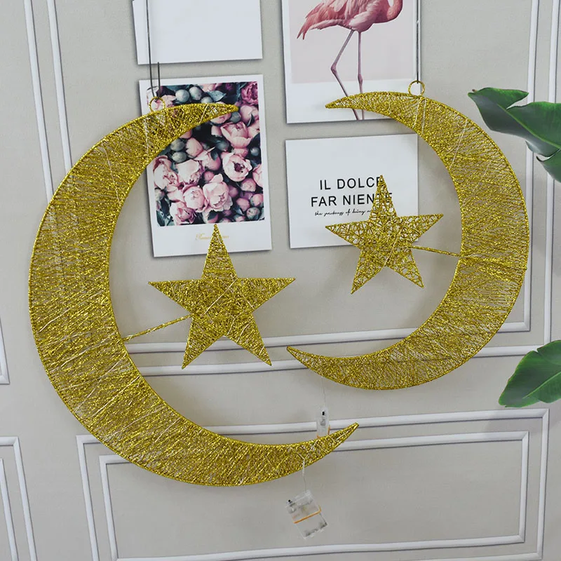 Handicraft Gold Hanging Crescent Decorations With Sparkly Led Lights 