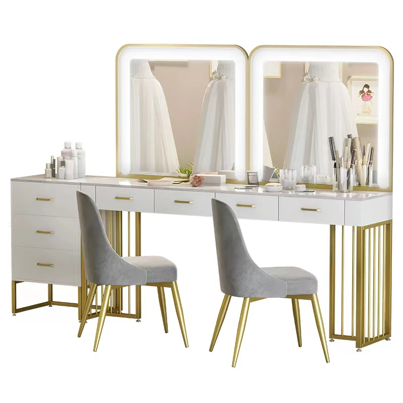 Set Scrivania Trucco Bianca E Oro Con Sedia E Cassetti – Tavolo Vanità Con Presa USB – Per Camera Da Letto (Senza Specchio) - 3