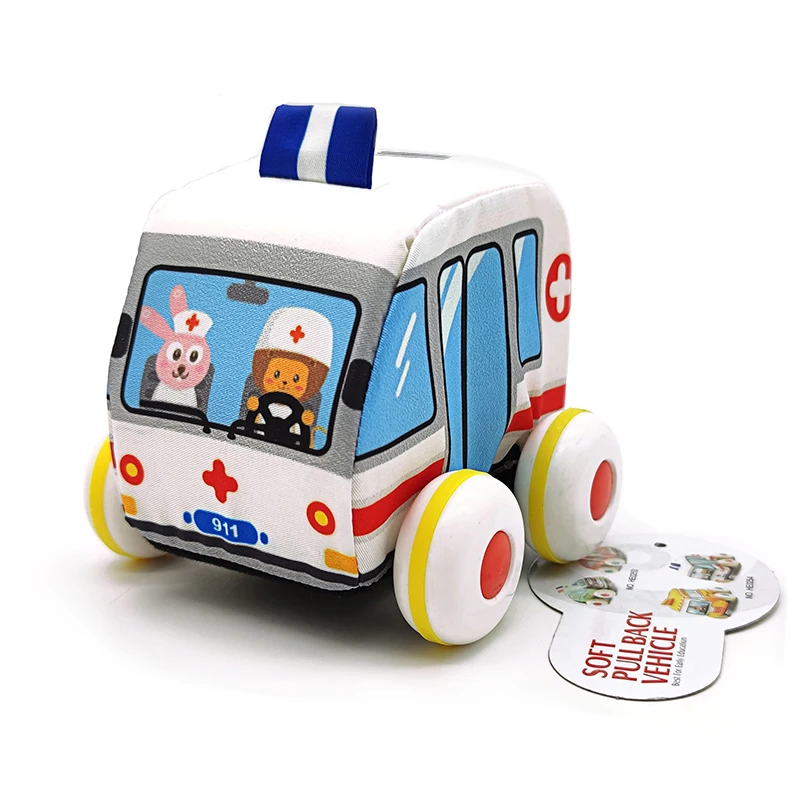 Huanger OEM 6 pcs Soft Cloth Pull Back Car Plush Toy Ambulance Bus Vehicle Set Baby Soft Toy Car