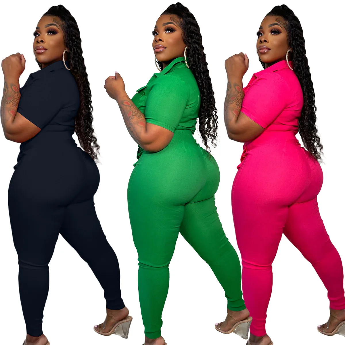 2023 New Women's Sexy Zipper Threedimensional Pocket Jumpsuit Solid