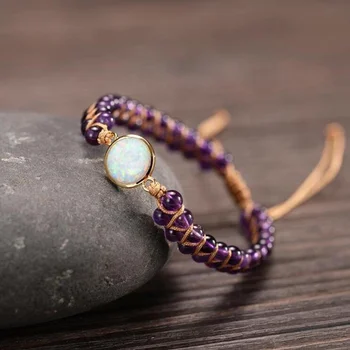 SN1862 Opal Stone Healing Amethyst Gemstone Handmade Friendship Bracelet Boho Healing Crystal Leather Wrap Bracelet For Women
