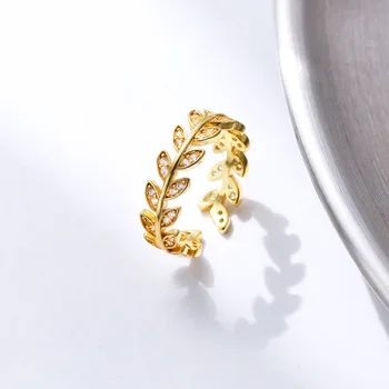 Fashion ring jewelry women brass open adjustable 18k gold plated zircon leaf rings