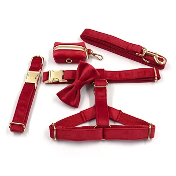 New Arrival Red Velvet Dog Collar and Leash Poop Bag Holder Puppies Accessories
