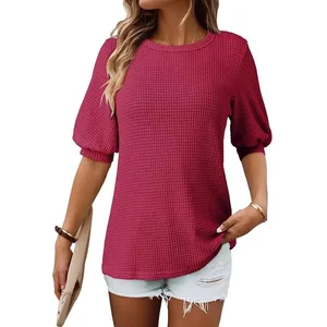 2025 Summer Women's Casual Waffle Lantern Sleeve Round Neck Loose Solid Color T-shirt