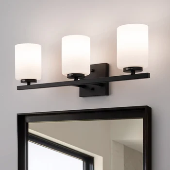 ETL listed 22in 3-Light Modern Vanity mirror with Lights with Etched White Glass Shades Black Painted Bathroom vanity lighting