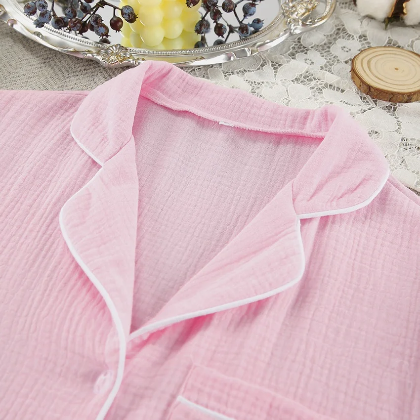Women Washed Crinkle Cotton Gauze Pajama Set Notch Lapel Long Sleeve Shirt Lounge Shorts Custom Embroidery Summer Sleepwear — detail