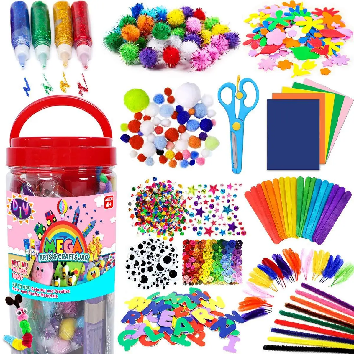 DIY 1000pcs+ Kids Art Crafts Supplies Toddler Diy Crafts Art Supplies Set  Poms Great Gift for Kids