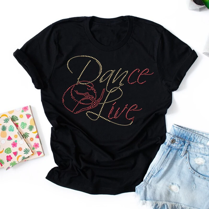 Custom Dance Live Designs Red Yellow Rhinestone Heat Transfer Applique Stickers for Shirt Bags Sports Bra Garments