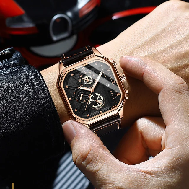 BINBOND B6577 6577 cronografo orologio in pelle inossidabile impermeabile  quadrato Design unico da uomo al quarzo Auto datario orologi da polso da