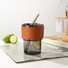 Smokey grey cup + brown leather cup holder