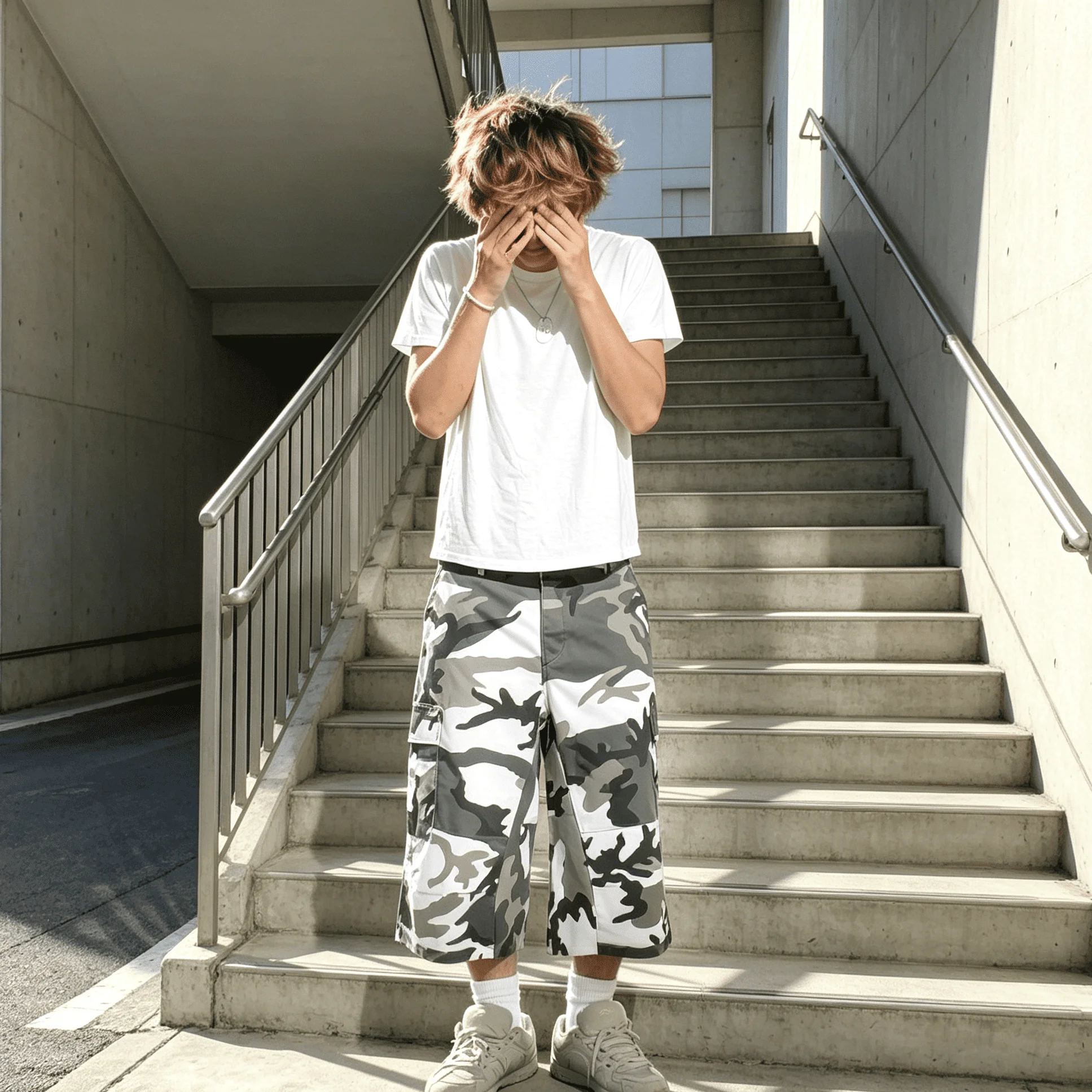 Custom Snow Camo Baggy Capri Cargo Pants Men Multi Side Pocket Wide Leg Streetwear Outdoor Skate Mid Calf Trousers gallery 4