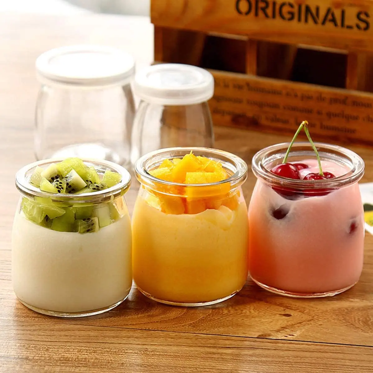 6 Jars Yoghurt Jars pudding Jar with Lid Yogurt Glass with Plastic Cap  Replacement Glass Jars for Yogurt Maker Yogurt Glass with Plastic Cap PE  CAP