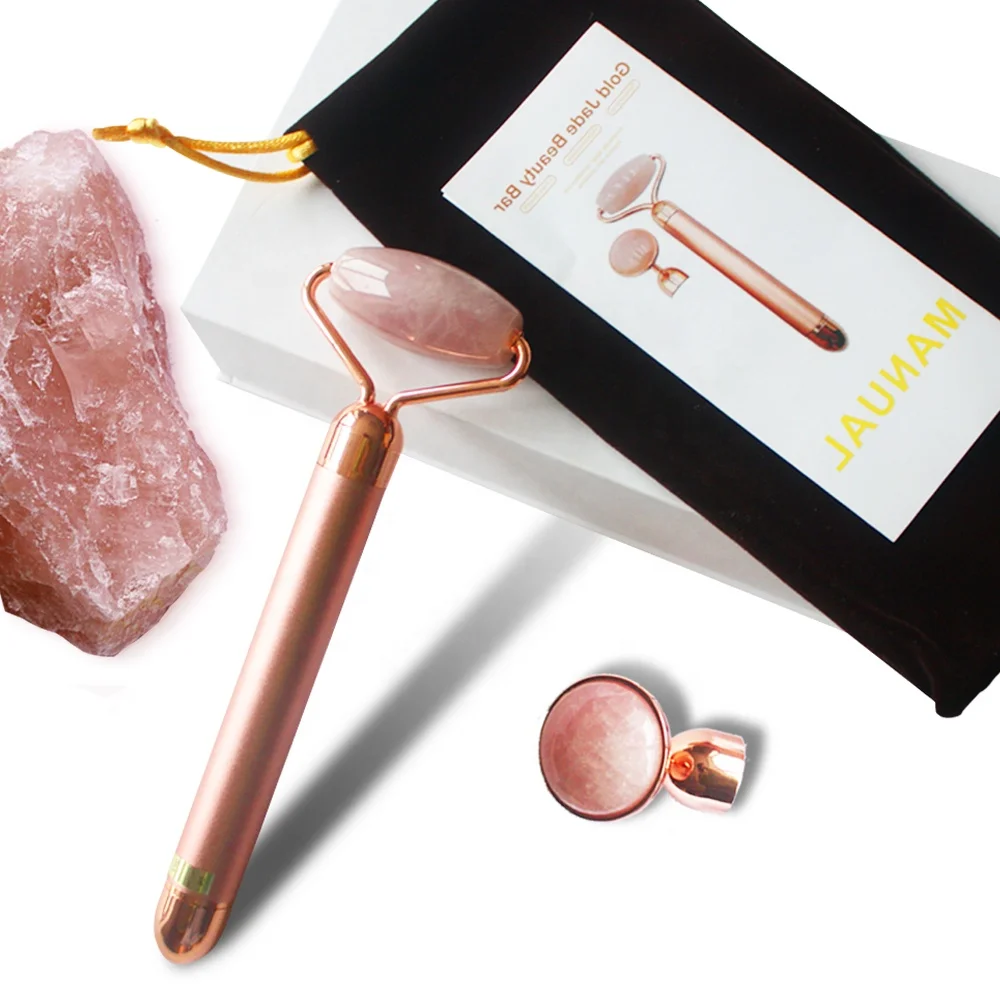 Custom Rose Quartz Electric Vibrating Roller Facial Massager with Zinc &  24k Gold Pipe Anti-Puffiness