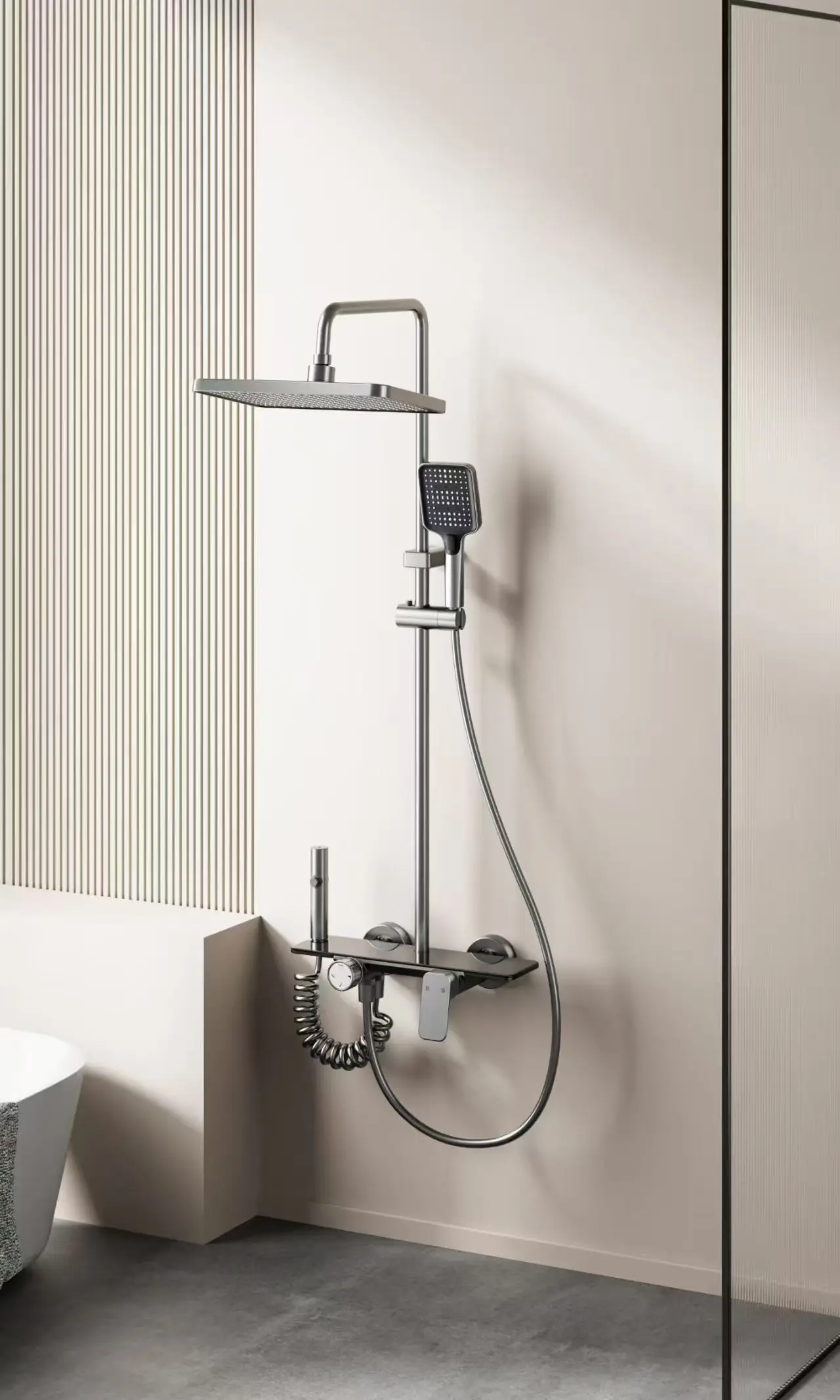 Wall mounted shower system with rainfall head installed in modern bathroom