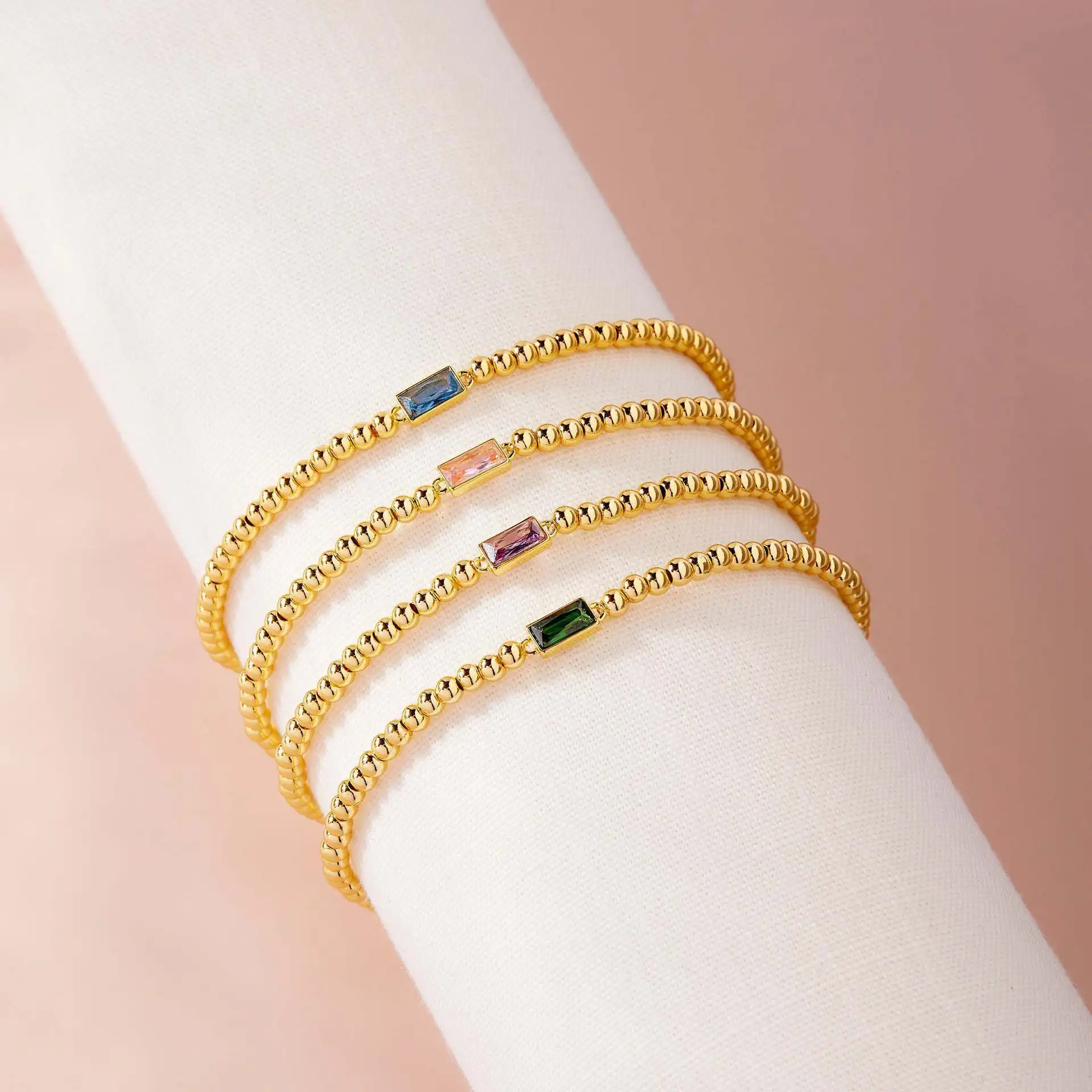 High Quality Wholesale Stainless Steel 12 Birthstone Bracelet Fashion Jewelry Rectangular Zircon Beaded Bracelets for Women