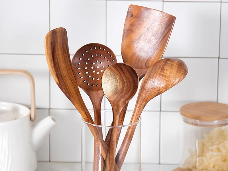 No stick cooking wooden kitchen utensils set natural material
