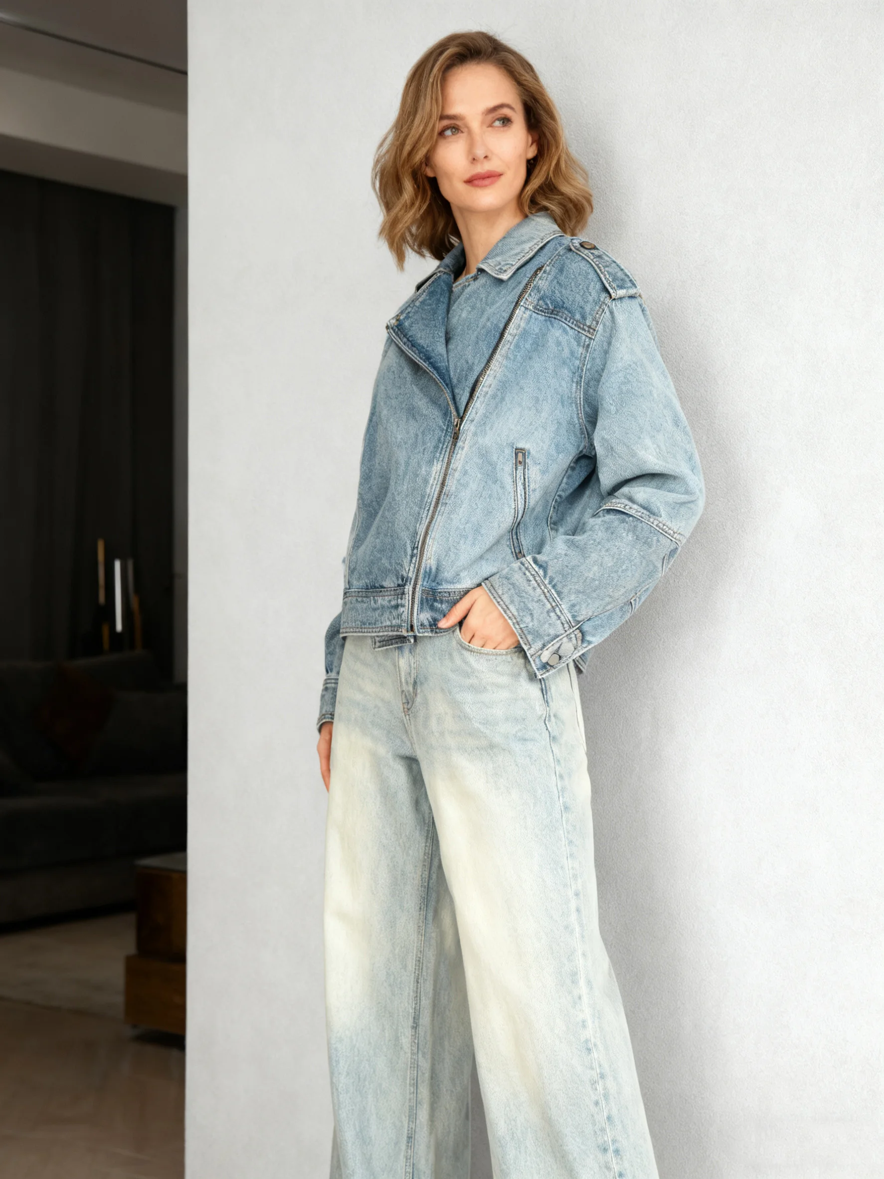 Retro Distressed Parquet Denim Short Jacket