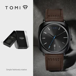 TOMI Business Quartz Watch, 42mm Alloy Case, Leather Band, Day