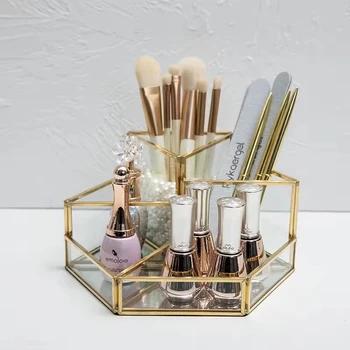 Makeup Organizer Bin Geometric Nail Tools Box for Desktop Countertop Vanity