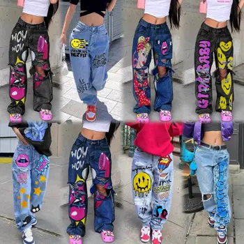 New Designer Womens Clothing  Women's Jeans Casual Graffiti printing Versatile Denim High Waist Blue Washed Trousers Jeans