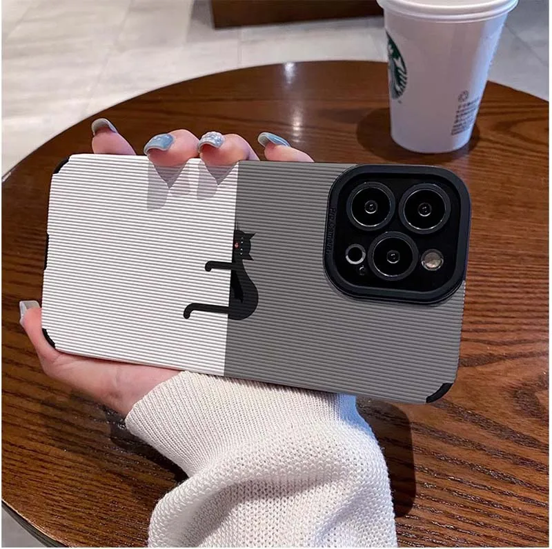 Lazy Black Cat Printing Soft TPU Artificial Leather Mobile Phone Cover Case For Iphone 6 7 8 X Xr Xs 11 12 13 14 15 16 Pro Max