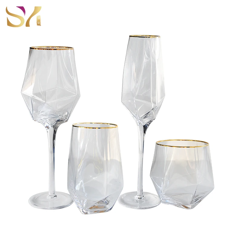 Wholesale Unique Clear Crystal Diamond Shape Wine Glasses Geometric Champagne Glass Set For 