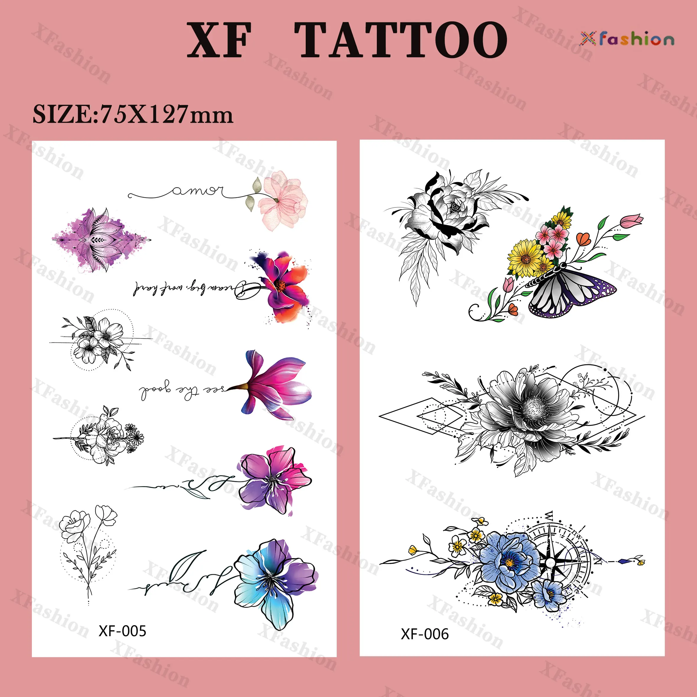 8 Sheets Tiny Tattoos Inspirational Words Realistic Temporary Tattoo Flower Floral Bouquet Stickers for Adult