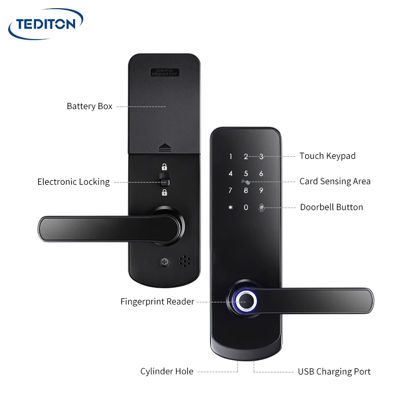 Tediton Digital Electric Fingerprint Handle Smart Door Lock With TTlock APP