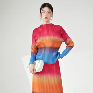 High Quality Women's Vintage Printed T-Shirt Woven Summer & Spring Casual Long Blouse With Stretch Pleated Top