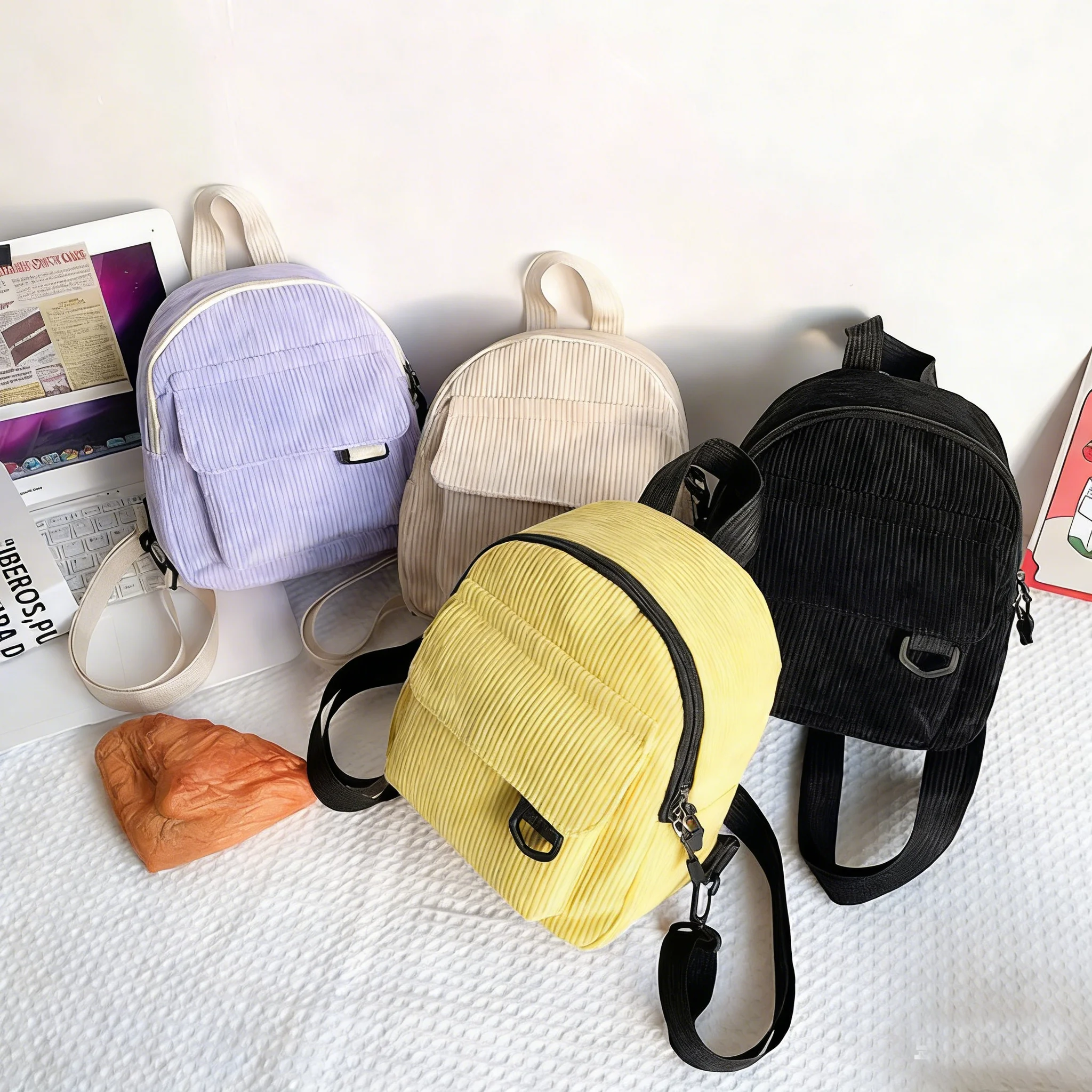 Tragbarer Mini-Rucksack für Schüler, leicht, aus Cord, einfarbig, lässig, schlicht, modern, für Reisen, Outdoor-Aktivitäten, Alltag, Schule_voghion.com