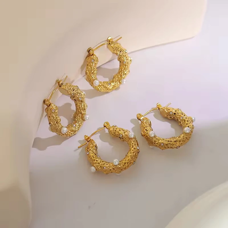 Chunky U Shape Pearl Zircon Hoop Earrings 18k Gold Plated Stainless Steel Huggie Hoop Minimalist Earrings Women  Tarnish Free