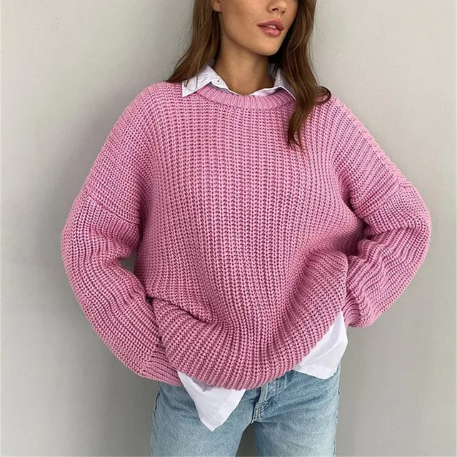 Women's Casual Crewneck Sweater Front/Back Logo Autumn Season Solid Color Long Sleeve Knitted Jacket Loose 'Lazy Wind' Style