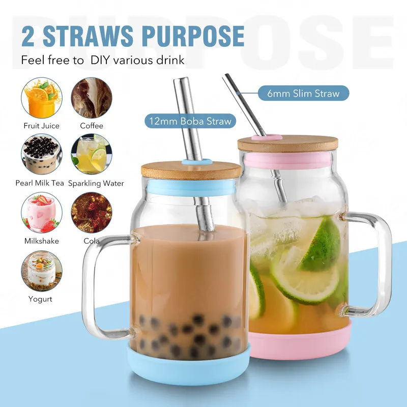 Hot Selling Reusable Transparent Custom Glass Coffee Cups With Straw and Lids Boba Milk Tea Cup