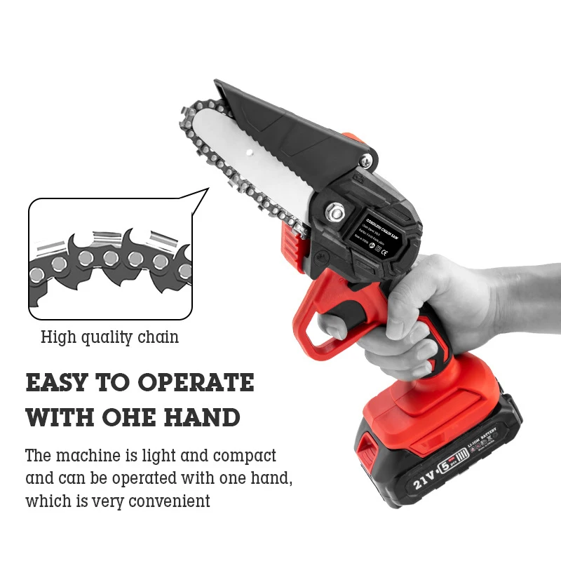 Mini Industrial 21V Cordless Electric Chainsaw with 4-inch Guide Bar for Woodworking and Garden Use