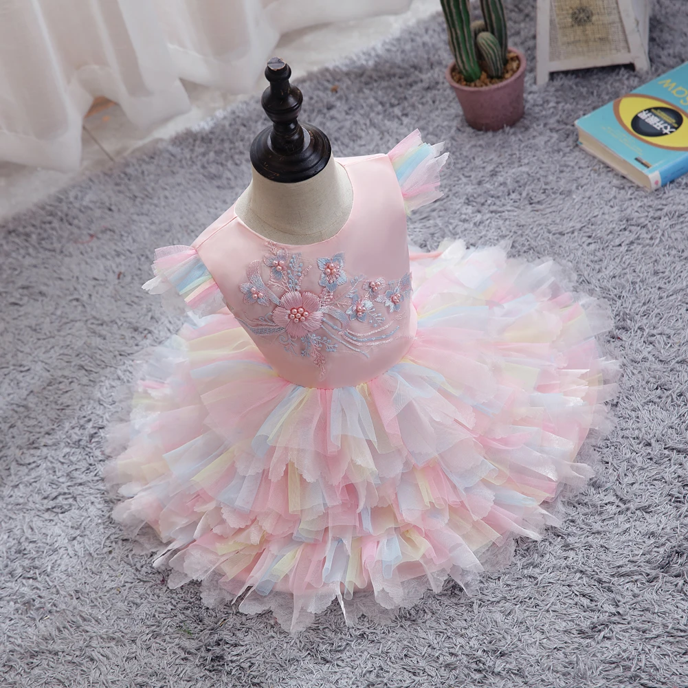 Korean Style Fluffy Lovely Flower Kids Girl Dress Colorful Baby Girl Birthday Dresses for 1 Years Old pink Girls Tutu Dress